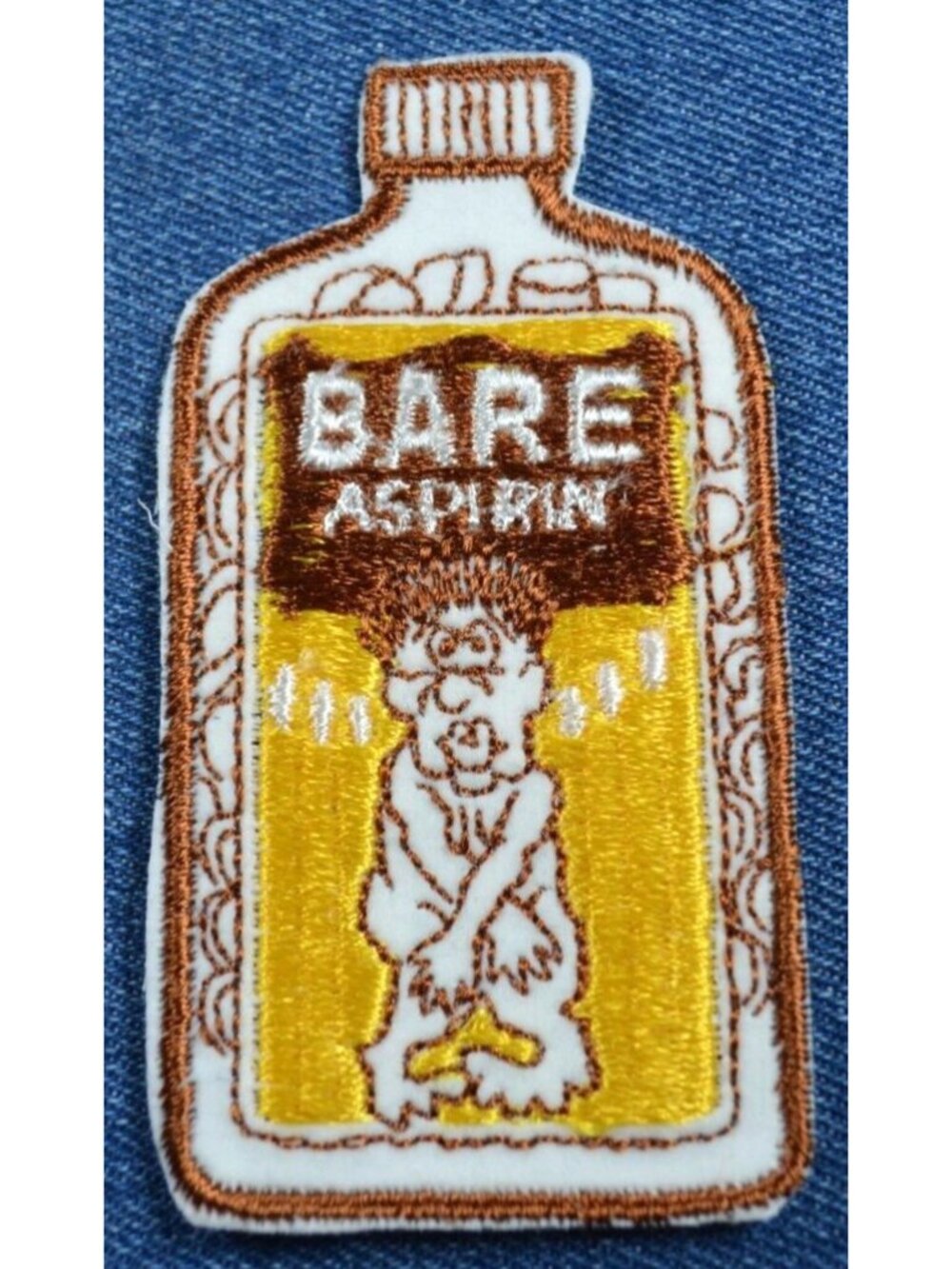 Original NOS 70s Vintage BARE ASPIRIN 4" Patch Funny Humor Satire Wacky Goofy